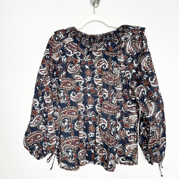 Cleobella Womens Top Jillian Blouse Button Up Ruffle Avalon Block Brown Size XS - Picture 4 of 11